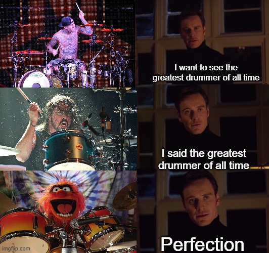 Animal is the greatest drummer of all time |  I want to see the greatest drummer of all time; I said the greatest drummer of all time; Perfection | image tagged in perfection,drums,drummer,muppets,the muppets | made w/ Imgflip meme maker