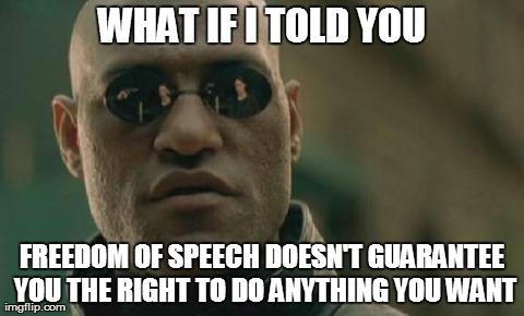 Matrix Morpheus Meme | WHAT IF I TOLD YOU FREEDOM OF SPEECH DOESN'T GUARANTEE YOU THE RIGHT TO DO ANYTHING YOU WANT | image tagged in memes,matrix morpheus | made w/ Imgflip meme maker