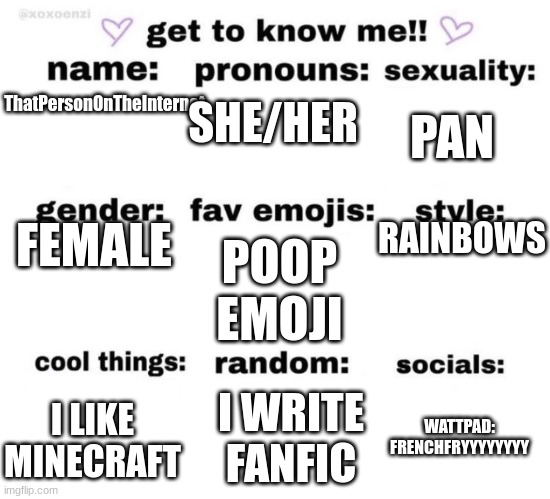 get to know me | SHE/HER; PAN; ThatPersonOnTheInternet; RAINBOWS; FEMALE; POOP EMOJI; I WRITE FANFIC; WATTPAD:
FRENCHFRYYYYYYYY; I LIKE MINECRAFT | image tagged in get to know me | made w/ Imgflip meme maker