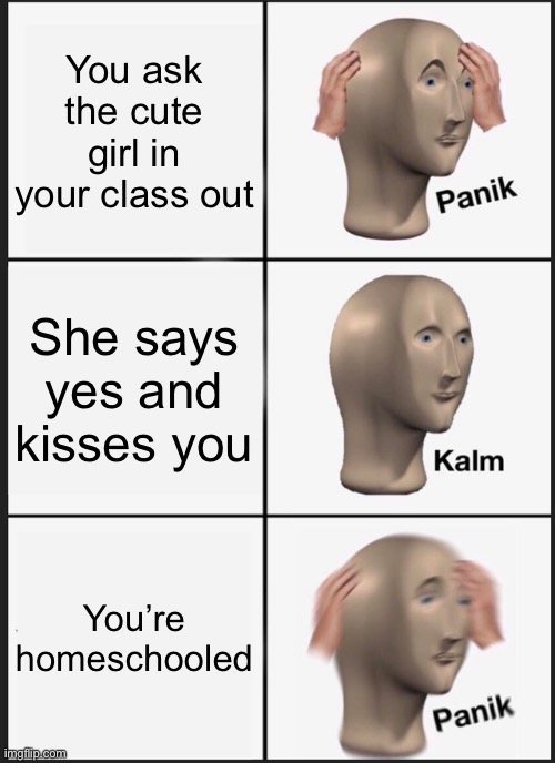 This is a Title | You ask the cute girl in your class out; She says yes and kisses you; You’re homeschooled | image tagged in memes,panik kalm panik | made w/ Imgflip meme maker