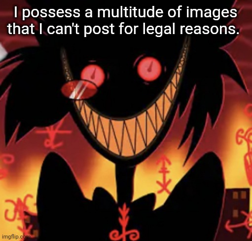insanity | I possess a multitude of images that I can't post for legal reasons. | image tagged in insanity | made w/ Imgflip meme maker