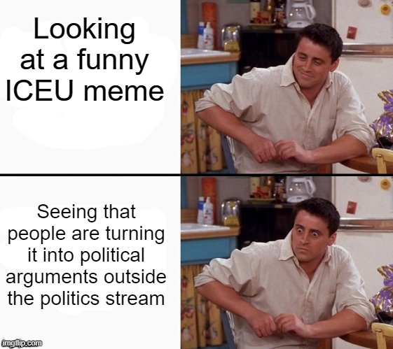 Why does the people do this? | Looking at a funny ICEU meme; Seeing that people are turning it into political arguments outside the politics stream | image tagged in comprehending joey | made w/ Imgflip meme maker