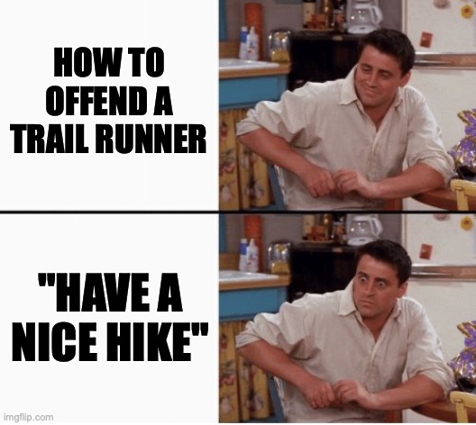Have a nice hike | HOW TO OFFEND A TRAIL RUNNER; "HAVE A NICE HIKE" | image tagged in joey shocked | made w/ Imgflip meme maker
