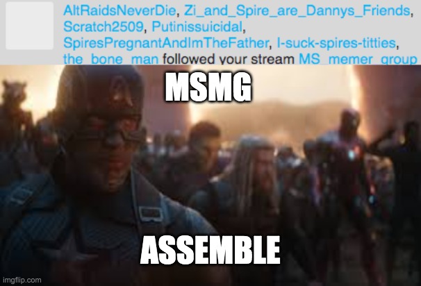 MSMG; ASSEMBLE | image tagged in avengers assemble | made w/ Imgflip meme maker