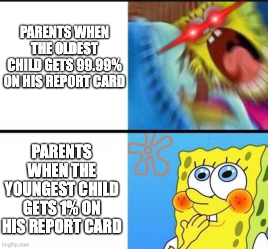 Oldest vs youngest | PARENTS WHEN THE OLDEST CHILD GETS 99.99% ON HIS REPORT CARD; PARENTS WHEN THE YOUNGEST CHILD GETS 1% ON HIS REPORT CARD | image tagged in funny memes,relatable memes,parents,report card | made w/ Imgflip meme maker
