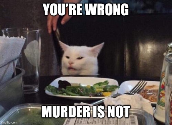 Salad cat | YOU’RE WRONG MURDER IS NOT | image tagged in salad cat | made w/ Imgflip meme maker