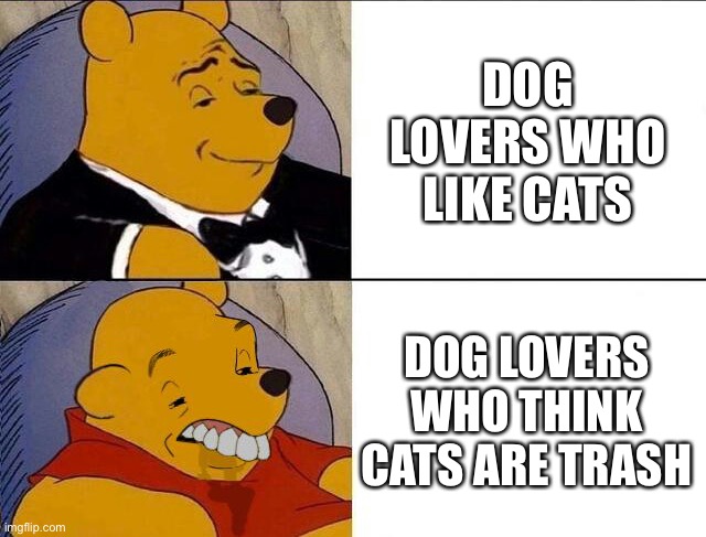 Tuxedo Winnie the Pooh grossed reverse | DOG LOVERS WHO LIKE CATS; DOG LOVERS WHO THINK CATS ARE TRASH | image tagged in tuxedo winnie the pooh grossed reverse,memes,funny,dogs,cats,best better blurst | made w/ Imgflip meme maker