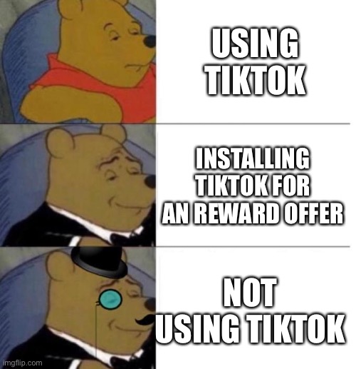Tuxedo Winnie the Pooh (3 panel) | USING TIKTOK; INSTALLING TIKTOK FOR AN REWARD OFFER; NOT USING TIKTOK | image tagged in tuxedo winnie the pooh 3 panel,memes,funny,tiktok,tiktok sucks,tuxedo winnie the pooh | made w/ Imgflip meme maker