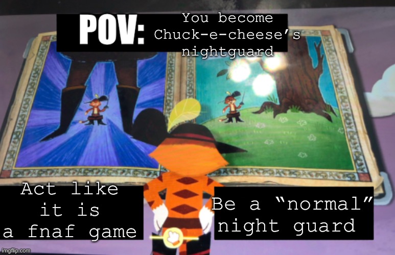 Pfft- I made this template thinking it was good lol- | You become Chuck-e-cheese’s nightguard; Act like it is a fnaf game; Be a “normal” night guard | image tagged in puss in boots,fnaf,chuck e cheese,stop reading the tags | made w/ Imgflip meme maker