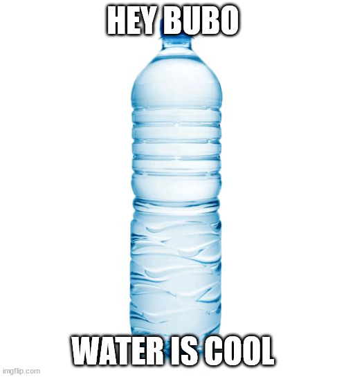 water bottle  | HEY BUBO; WATER IS COOL | image tagged in water bottle | made w/ Imgflip meme maker