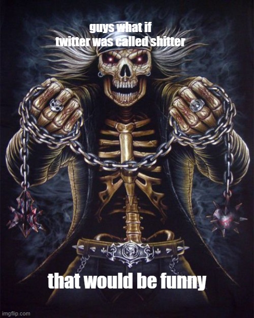 damn this hits | guys what if twitter was called shitter; that would be funny | image tagged in badass skeleton,memes,funny | made w/ Imgflip meme maker