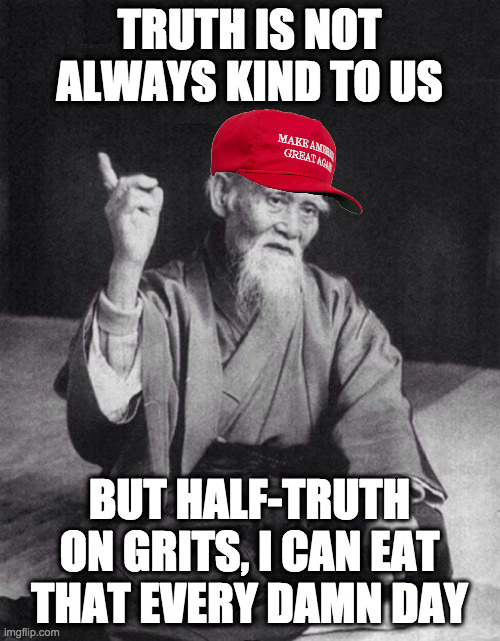 Wise Old Chinese Man | TRUTH IS NOT ALWAYS KIND TO US BUT HALF-TRUTH ON GRITS, I CAN EAT THAT EVERY DAMN DAY | image tagged in wise old chinese man | made w/ Imgflip meme maker