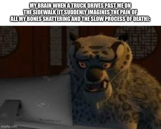 tai lung | MY BRAIN WHEN A TRUCK DRIVES PAST ME ON THE SIDEWALK (IT SUDDENLY IMAGINES THE PAIN OF ALL MY BONES SHATTERING AND THE SLOW PROCESS OF DEATH): | image tagged in tai lung | made w/ Imgflip meme maker