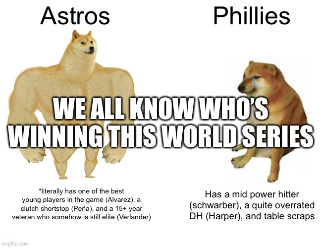 Buff Doge vs. Cheems Meme | Astros; Phillies; WE ALL KNOW WHO’S WINNING THIS WORLD SERIES; *literally has one of the best young players in the game (Alvarez), a clutch shortstop (Peña), and a 15+ year veteran who somehow is still elite (Verlander); Has a mid power hitter (schwarber), a quite overrated DH (Harper), and table scraps | image tagged in memes,buff doge vs cheems | made w/ Imgflip meme maker