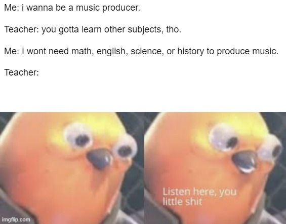 music production don't need school | Me: i wanna be a music producer.
 
Teacher: you gotta learn other subjects, tho.
 
Me: I wont need math, english, science, or history to produce music.
 
Teacher: | image tagged in listen here you little shit bird | made w/ Imgflip meme maker