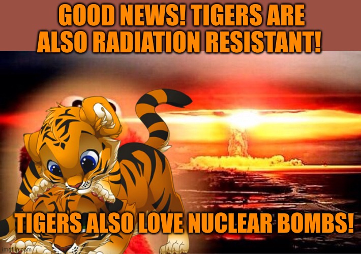 Important Tiger facts | GOOD NEWS! TIGERS ARE ALSO RADIATION RESISTANT! TIGERS ALSO LOVE NUCLEAR BOMBS! | image tagged in elmo nuclear explosion,tigers,love,nukes | made w/ Imgflip meme maker