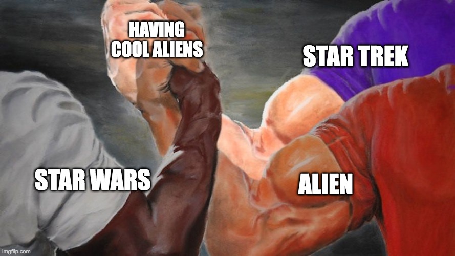 aliens | HAVING COOL ALIENS; STAR TREK; ALIEN; STAR WARS | image tagged in epic handshake three way | made w/ Imgflip meme maker