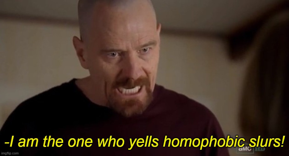 I am the one who says transgender people are ugly as hell | -I am the one who yells homophobic slurs! | image tagged in i am the one who knocks | made w/ Imgflip meme maker