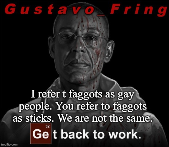 Gustavo Fring template | I refer t faggots as gay people. You refer to faggots as sticks. We are not the same. | image tagged in gustavo fring template | made w/ Imgflip meme maker