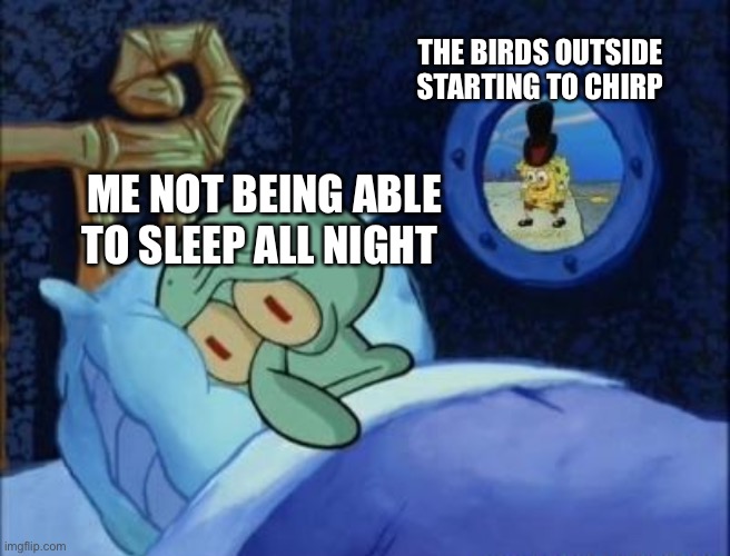 Good morning birds! | THE BIRDS OUTSIDE STARTING TO CHIRP; ME NOT BEING ABLE TO SLEEP ALL NIGHT | image tagged in squidward can't sleep,memes,sleep | made w/ Imgflip meme maker