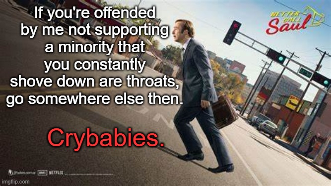 I thought MSMG was based | If you're offended by me not supporting a minority that you constantly shove down are throats, go somewhere else then. Crybabies. | image tagged in better call saul template | made w/ Imgflip meme maker