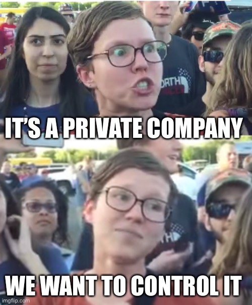 It’s about power | IT’S A PRIVATE COMPANY; WE WANT TO CONTROL IT | image tagged in two faced liberal snowflake | made w/ Imgflip meme maker