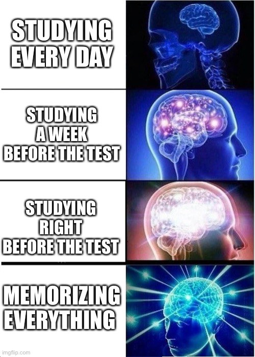 Expanding Brain Meme | STUDYING EVERY DAY; STUDYING A WEEK BEFORE THE TEST; STUDYING RIGHT BEFORE THE TEST; MEMORIZING EVERYTHING | image tagged in memes,expanding brain | made w/ Imgflip meme maker