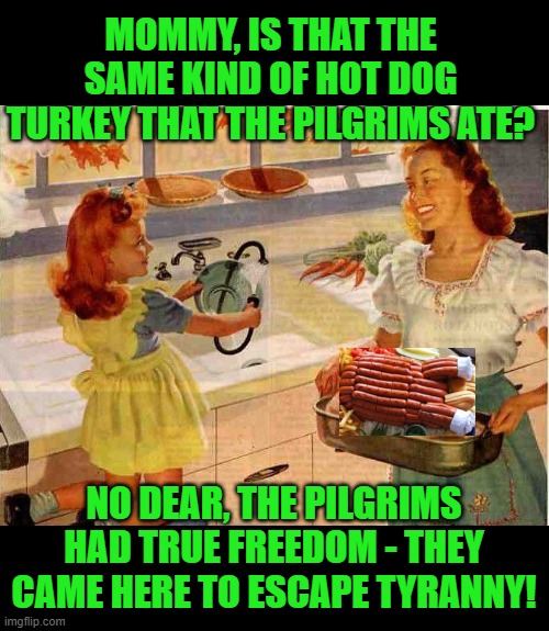 Vintage Thanksgiving Mom and Daughter | MOMMY, IS THAT THE SAME KIND OF HOT DOG TURKEY THAT THE PILGRIMS ATE? NO DEAR, THE PILGRIMS HAD TRUE FREEDOM - THEY CAME HERE TO ESCAPE TYRA | image tagged in vintage thanksgiving mom and daughter | made w/ Imgflip meme maker
