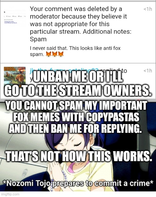 Mod abuse | UNBAN ME OR I'LL GO TO THE STREAM OWNERS. YOU CANNOT SPAM MY IMPORTANT FOX MEMES WITH COPYPASTAS AND THEN BAN ME FOR REPLYING. THAT'S NOT HOW THIS WORKS. | image tagged in yandere nozomi | made w/ Imgflip meme maker