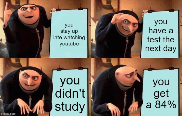 this never happened to me | you stay up late watching youtube; you have a test the next day; you didn't study; you get a 84% | image tagged in memes,gru's plan | made w/ Imgflip meme maker