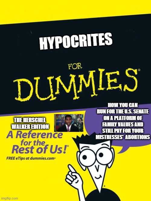 For dummies book | HYPOCRITES; HOW YOU CAN RUN FOR THE U.S. SENATE ON A PLATFORM OF FAMILY VALUES AND STILL PAY FOR YOUR MISTRESSES'  ABORTIONS; THE HERSCHEL  WALKER EDITION | image tagged in for dummies book | made w/ Imgflip meme maker