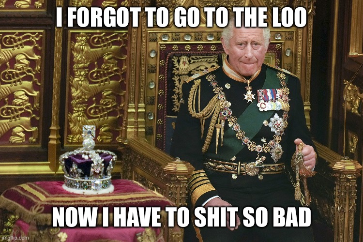 Charles on verge of soiling himself | I FORGOT TO GO TO THE LOO; NOW I HAVE TO SHIT SO BAD | image tagged in king charles iii | made w/ Imgflip meme maker