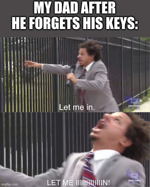They lock themselves out with no keys |  MY DAD AFTER HE FORGETS HIS KEYS: | image tagged in let me in | made w/ Imgflip meme maker