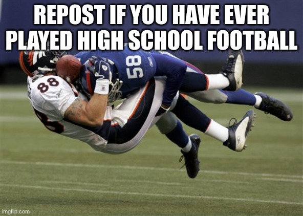 NFL tackle | REPOST IF YOU HAVE EVER PLAYED HIGH SCHOOL FOOTBALL | image tagged in nfl tackle | made w/ Imgflip meme maker