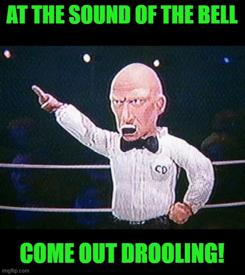 Celebrity Deathmatch Referee allow it | AT THE SOUND OF THE BELL COME OUT DROOLING! | image tagged in celebrity deathmatch referee allow it | made w/ Imgflip meme maker