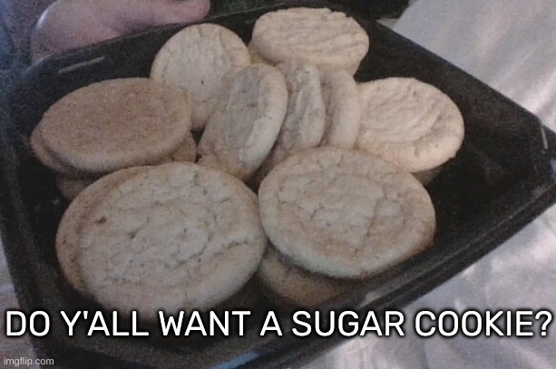 [No seriously, do y'all want one?] | DO Y'ALL WANT A SUGAR COOKIE? | image tagged in idk,stuff,s o u p,carck | made w/ Imgflip meme maker