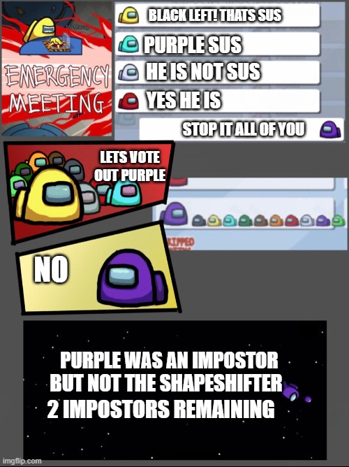 Among us chat 2 | BLACK LEFT! THATS SUS; PURPLE SUS; HE IS NOT SUS; YES HE IS; STOP IT ALL OF YOU; LETS VOTE OUT PURPLE; NO; PURPLE WAS AN IMPOSTOR; BUT NOT THE SHAPESHIFTER; 2 IMPOSTORS REMAINING | image tagged in among us chat 2 | made w/ Imgflip meme maker