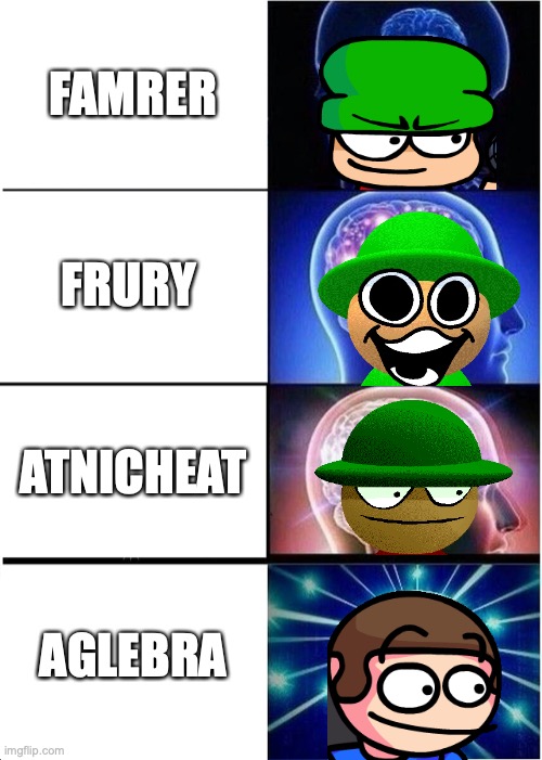 Brains | FAMRER; FRURY; ATNICHEAT; AGLEBRA | image tagged in memes,expanding brain | made w/ Imgflip meme maker