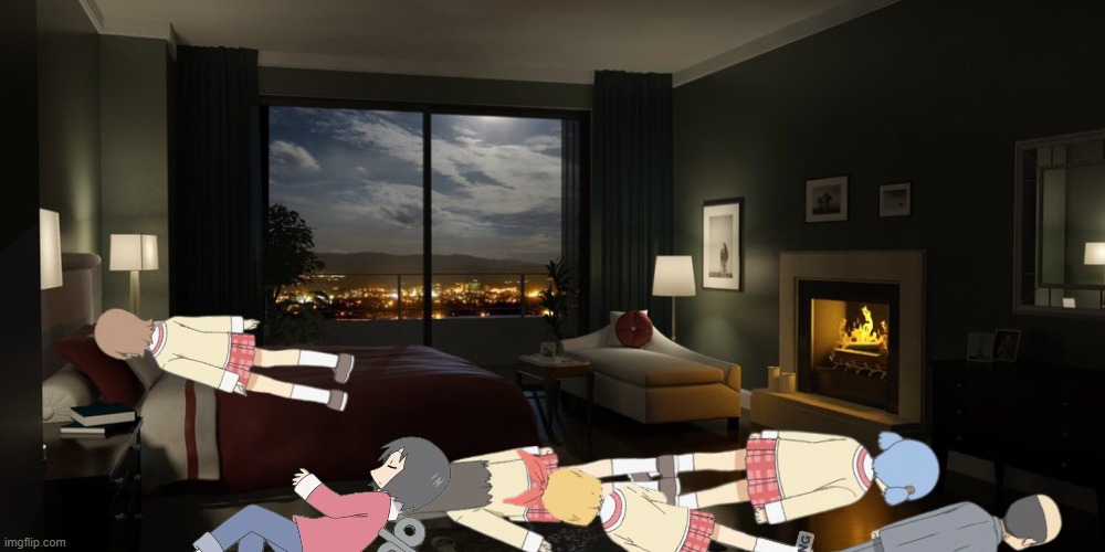 Mio and friends sleeping | image tagged in night bedroom | made w/ Imgflip meme maker