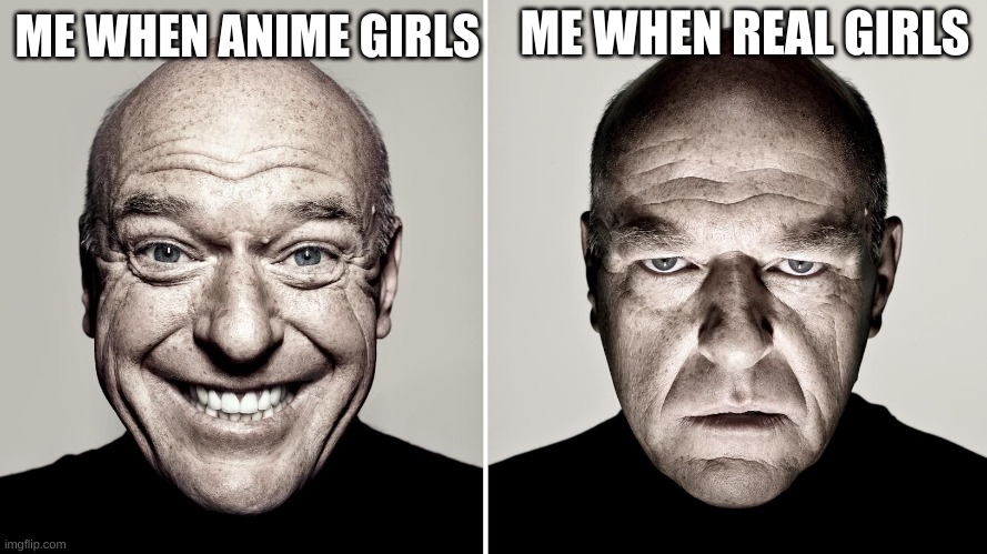 anime | ME WHEN REAL GIRLS; ME WHEN ANIME GIRLS | image tagged in dean norris's reaction | made w/ Imgflip meme maker