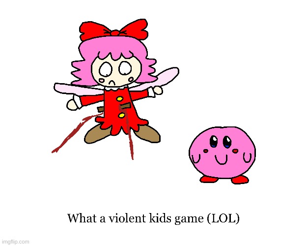 Ribbon still has a wooden thing on her body | image tagged in kirby,gore,funny,fanart,artwork,blood | made w/ Imgflip meme maker
