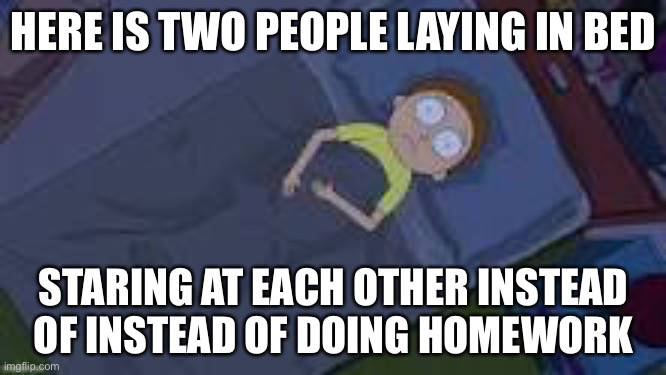 Name.exe is missing | HERE IS TWO PEOPLE LAYING IN BED; STARING AT EACH OTHER INSTEAD OF INSTEAD OF DOING HOMEWORK | image tagged in morty,rick and morty,morty in bed | made w/ Imgflip meme maker
