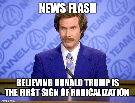 anchorman news update | NEWS FLASH BELIEVING DONALD TRUMP IS THE FIRST SIGN OF RADICALIZATION | image tagged in anchorman news update | made w/ Imgflip meme maker