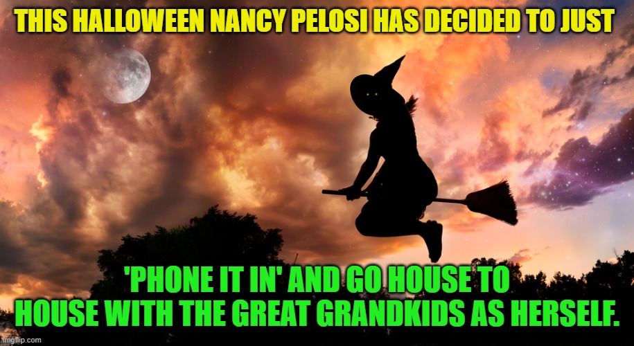 Al trifle too easy to meme Nancy Pelosi, isn't it?  Everything but the Vodka bottle. | THIS HALLOWEEN NANCY PELOSI HAS DECIDED TO JUST; 'PHONE IT IN' AND GO HOUSE TO HOUSE WITH THE GREAT GRANDKIDS AS HERSELF. | image tagged in nancy | made w/ Imgflip meme maker