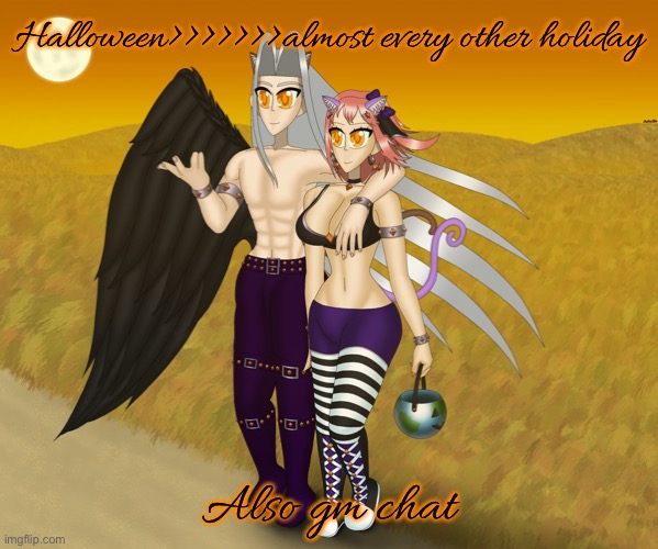 Sayori and Sephiroth | Halloween>>>>>>>almost every other holiday; Also gm chat | image tagged in sayori and sephiroth | made w/ Imgflip meme maker