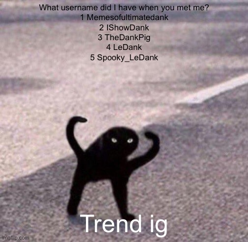 Cursed cat temp | What username did I have when you met me?
1 Memesofultimatedank
2 IShowDank
3 TheDankPig
4 LeDank
5 Spooky_LeDank; Trend ig | image tagged in cursed cat temp | made w/ Imgflip meme maker