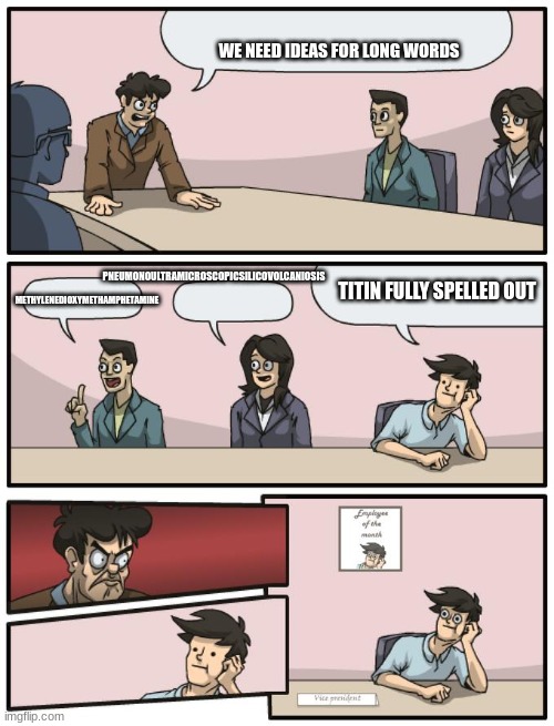 Well they have real words | WE NEED IDEAS FOR LONG WORDS; PNEUMONOULTRAMICROSCOPICSILICOVOLCANIOSIS; METHYLENEDIOXYMETHAMPHETAMINE; TITIN FULLY SPELLED OUT | image tagged in board meeting unexpected ending | made w/ Imgflip meme maker
