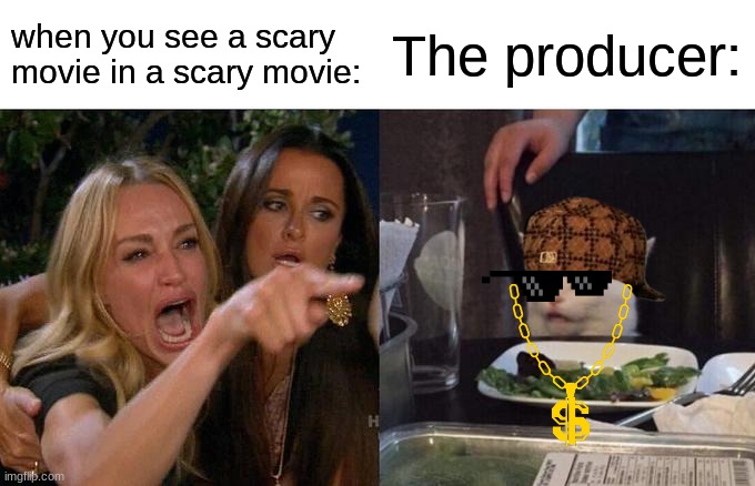 Woman Yelling At Cat Meme | when you see a scary movie in a scary movie:; The producer: | image tagged in memes,woman yelling at cat | made w/ Imgflip meme maker