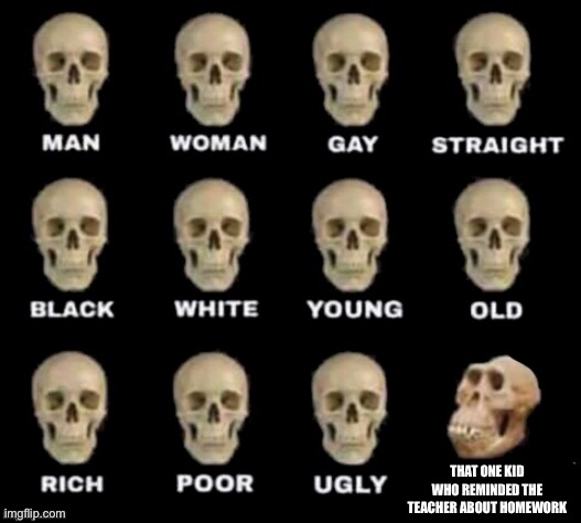 idiot skull | THAT ONE KID WHO REMINDED THE TEACHER ABOUT HOMEWORK | image tagged in idiot skull,school,school meme,memes,funny,empty skulls of truth | made w/ Imgflip meme maker