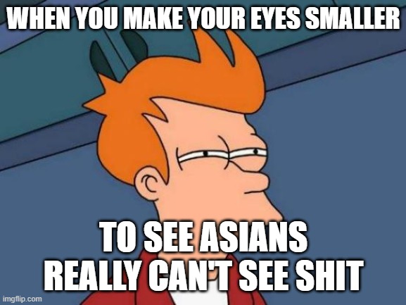 Futurama Fry | WHEN YOU MAKE YOUR EYES SMALLER; TO SEE ASIANS REALLY CAN'T SEE SHIT | image tagged in memes,futurama fry | made w/ Imgflip meme maker